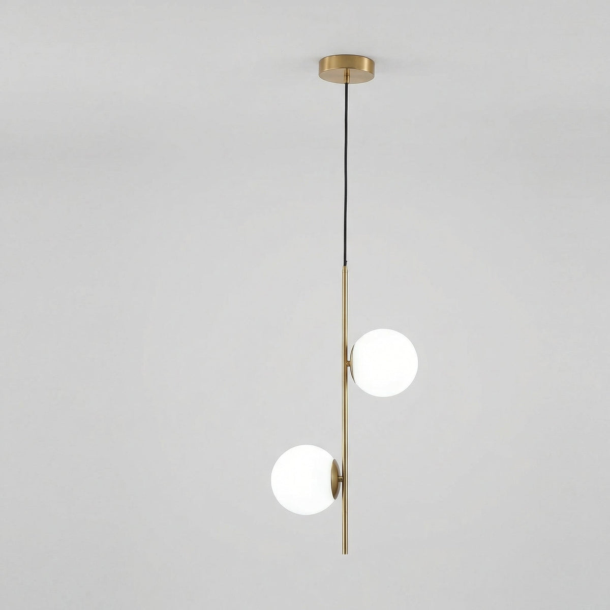 Suspension double globe verre, structure dorée — Rose